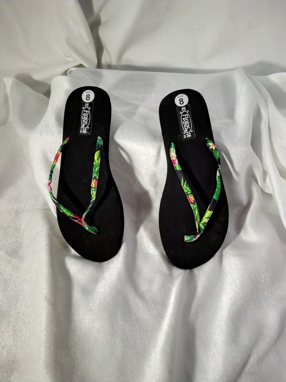 Flojos Black Flip Sandals with Green Floral Straps